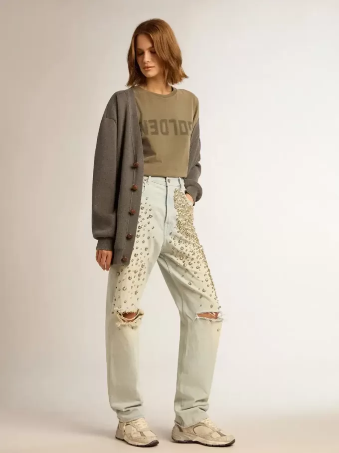 Olivgrünes Damen-T-Shirt mit goldener Beschriftung