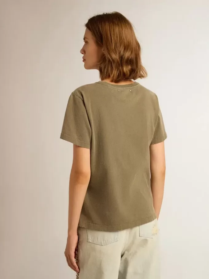 Olivgrünes Damen-T-Shirt mit goldener Beschriftung