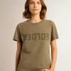 Olivgrünes Damen-T-Shirt mit goldener Beschriftung
