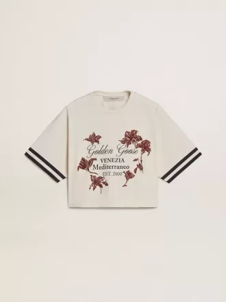 Oversized-Kurz-T-Shirt für Damen aus weißem Jersey mit Stickerei und „Venezia Mediterraneo”-Print