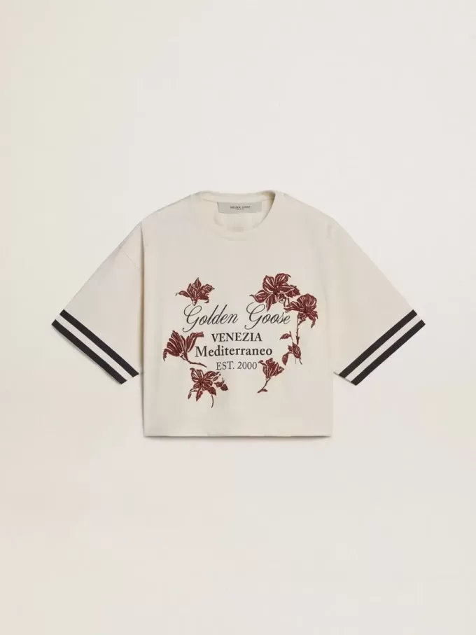 Oversized-Kurz-T-Shirt für Damen aus weißem Jersey mit Stickerei und „Venezia Mediterraneo”-Print