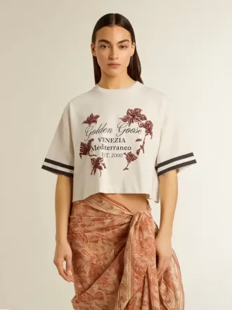 Oversized-Kurz-T-Shirt für Damen aus weißem Jersey mit Stickerei und „Venezia Mediterraneo”-Print
