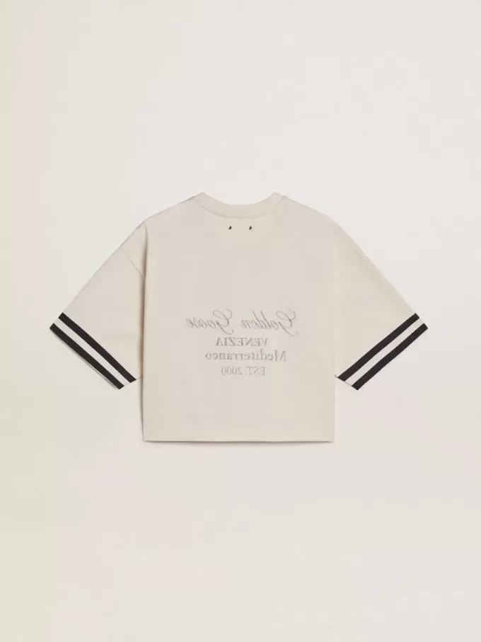 Oversized-Kurz-T-Shirt für Damen aus weißem Jersey mit Stickerei und „Venezia Mediterraneo”-Print