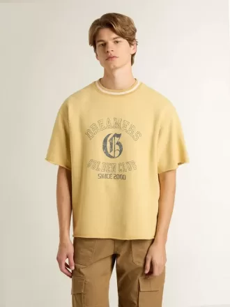 Oversized-T-Shirt für Herren aus gelber Baumwolle mit blauem Print