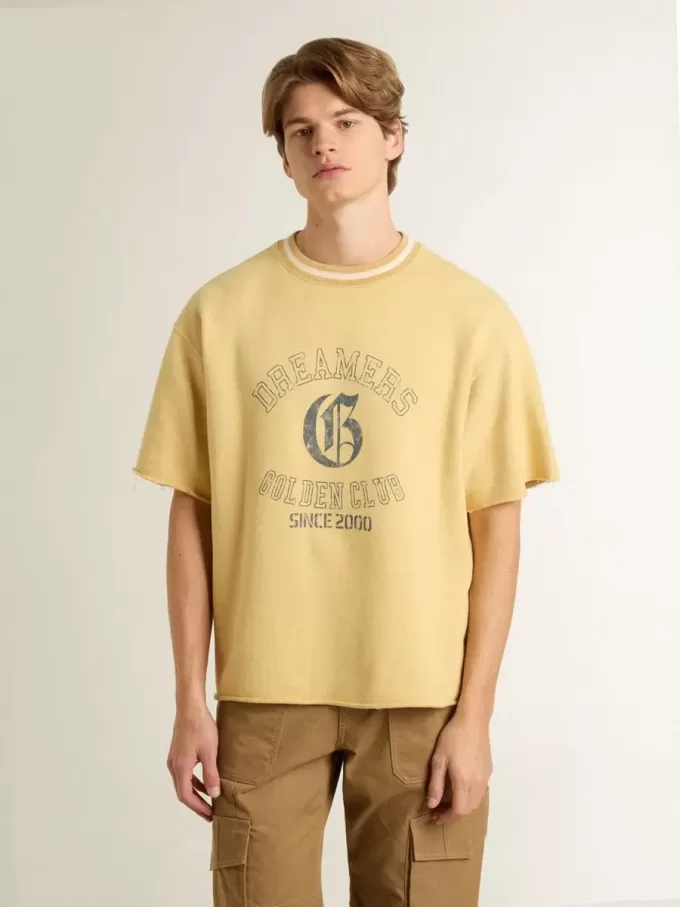 Oversized-T-Shirt für Herren aus gelber Baumwolle mit blauem Print