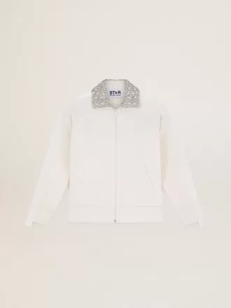 Papyrusweißes Sweatshirt mit Reißverschluss und Kristallkragen aus der Denise Star Collection