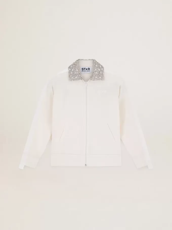 Papyrusweißes Sweatshirt mit Reißverschluss und Kristallkragen aus der Denise Star Collection