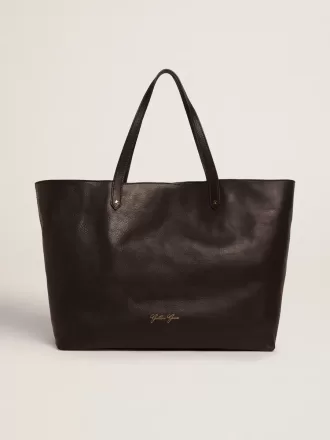 Pasadena-Tasche aus schwarzem, gehämmertem Leder mit goldenem Logo auf der Vorderseite