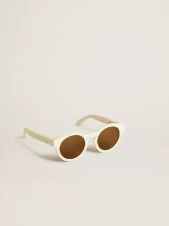 Quadratische Panthos-Sonnenbrille mit beigem Rahmen und goldenen Details Quadratische Panthos-Sonnenbrille mit beigem Rahmen und goldenen Details