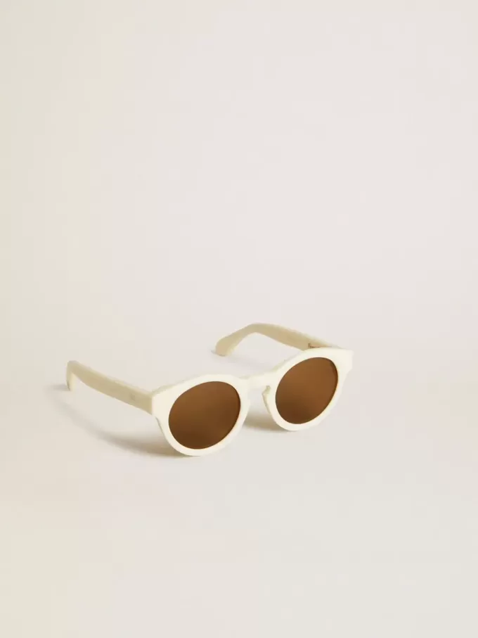 Quadratische Panthos-Sonnenbrille mit beigem Rahmen und goldenen Details