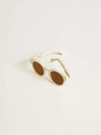 Quadratische Panthos-Sonnenbrille mit beigem Rahmen und goldenen Details Quadratische Panthos-Sonnenbrille mit beigem Rahmen und goldenen Details