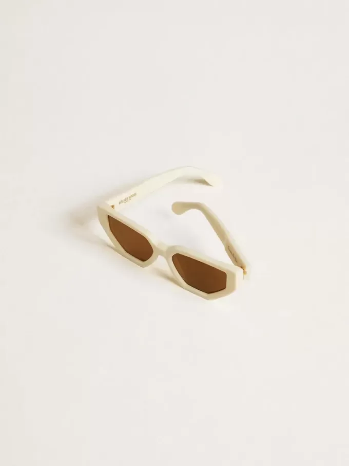 Rechteckige Sonnenbrille mit beigem Rahmen Rechteckige Sonnenbrille mit beigem Rahmen