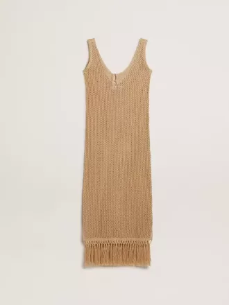 Ärmelloses Midikleid für Damen aus beigem Häkelstoff mit Fransen