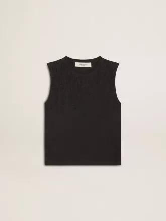 Ärmelloses T-Shirt in Used-Schwarz mit Ton-in-Ton-Gradientenstickerei