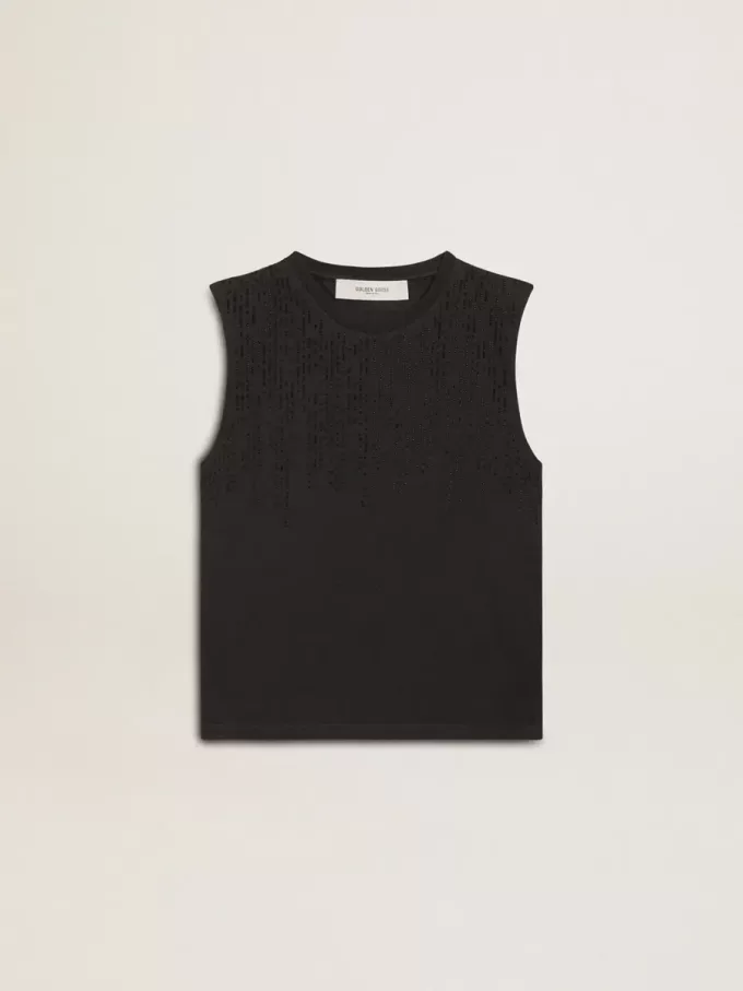 Ärmelloses T-Shirt in Used-Schwarz mit Ton-in-Ton-Gradientenstickerei