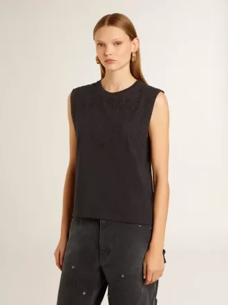 Ärmelloses T-Shirt in Used-Schwarz mit Ton-in-Ton-Gradientenstickerei