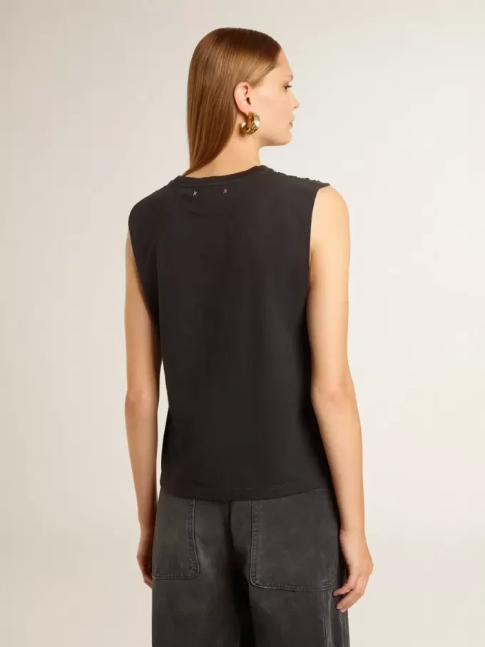 Ärmelloses T-Shirt in Used-Schwarz mit Ton-in-Ton-Gradientenstickerei