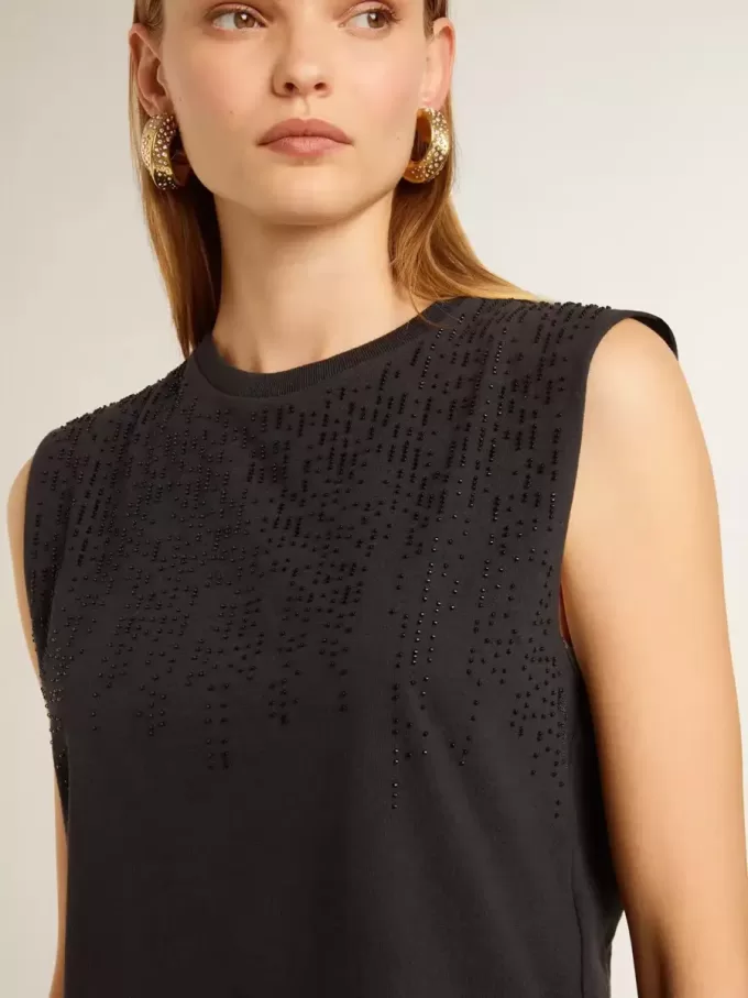 Ärmelloses T-Shirt in Used-Schwarz mit Ton-in-Ton-Gradientenstickerei
