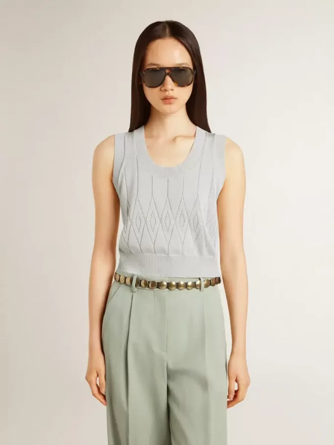 Ärmelloses Tanktop für Damen aus babyblauem Strick