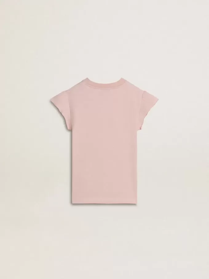 Rosa T-Shirt für Mädchen mit Rüschenärmeln und Stickerei
