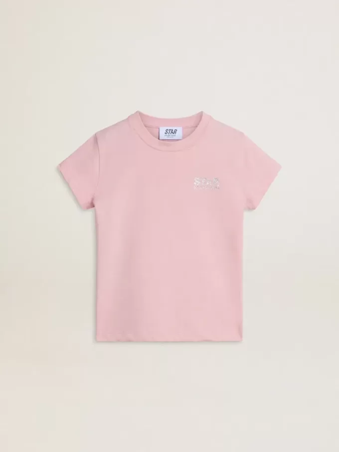 Rosa T-Shirt für Mädchen mit silbernem Glitzerlogo und Maxi-Stern Rosa T-Shirt für Mädchen mit silbernem Glitzerlogo und Maxi-Stern
