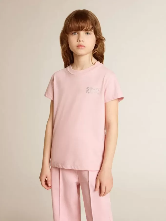 Rosa T-Shirt für Mädchen mit silbernem Glitzerlogo und Maxi-Stern Rosa T-Shirt für Mädchen mit silbernem Glitzerlogo und Maxi-Stern