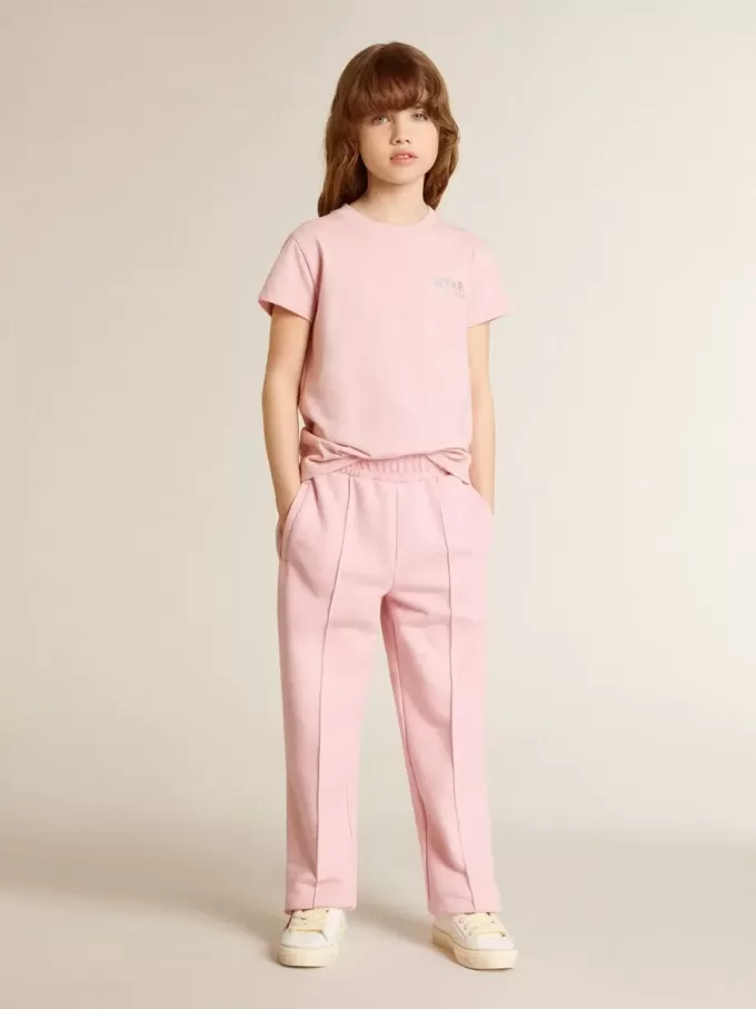Rosa T-Shirt für Mädchen mit silbernem Glitzerlogo und Maxi-Stern Rosa T-Shirt für Mädchen mit silbernem Glitzerlogo und Maxi-Stern