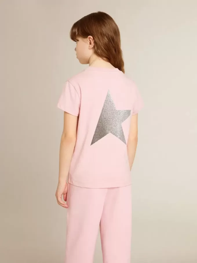 Rosa T-Shirt für Mädchen mit silbernem Glitzerlogo und Maxi-Stern Rosa T-Shirt für Mädchen mit silbernem Glitzerlogo und Maxi-Stern