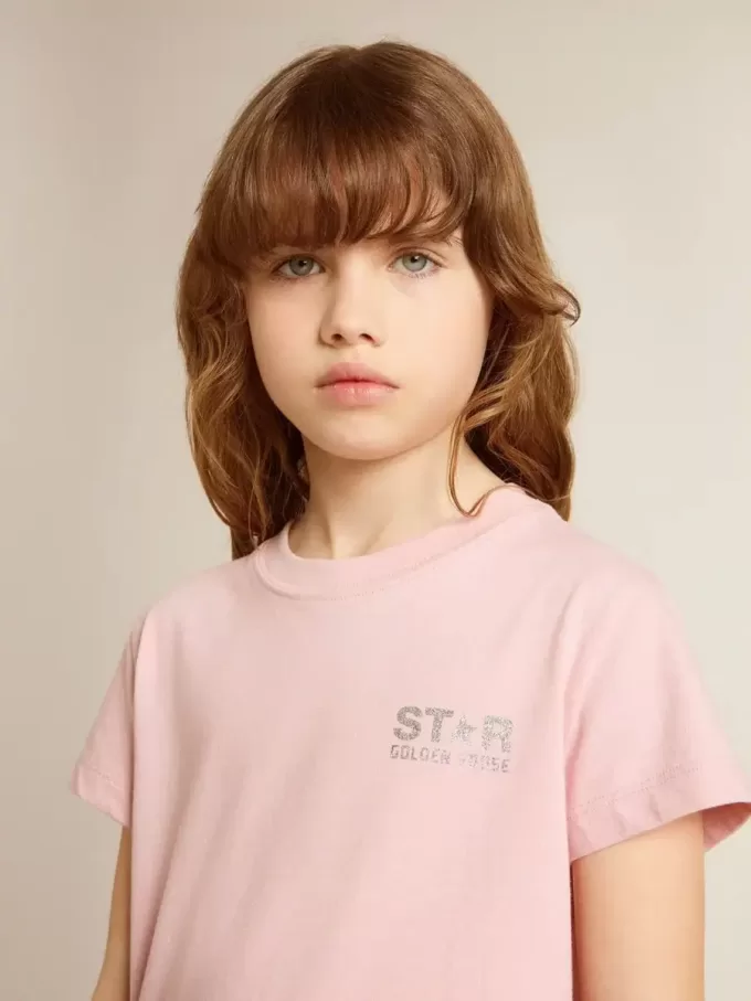 Rosa T-Shirt für Mädchen mit silbernem Glitzerlogo und Maxi-Stern Rosa T-Shirt für Mädchen mit silbernem Glitzerlogo und Maxi-Stern