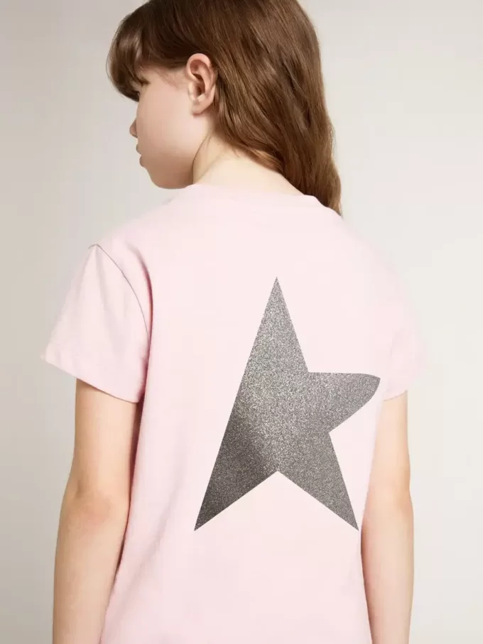 Rosa T-Shirt für Mädchen mit silbernem Glitzerlogo und Maxi-Stern Rosa T-Shirt für Mädchen mit silbernem Glitzerlogo und Maxi-Stern