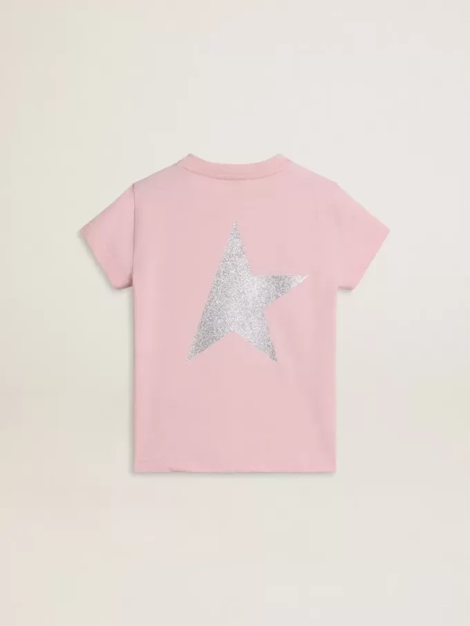Rosa T-Shirt für Mädchen mit silbernem Glitzerlogo und Maxi-Stern Rosa T-Shirt für Mädchen mit silbernem Glitzerlogo und Maxi-Stern