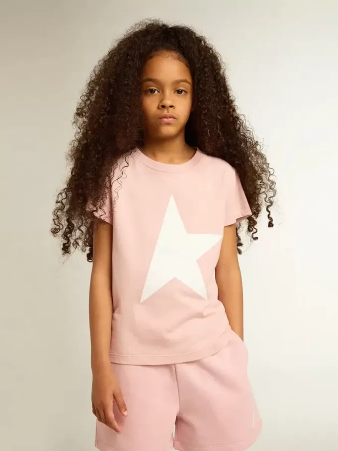 Rosa T-Shirt für Mädchen mit weißem Logo und Maxi-Stern Rosa T-Shirt für Mädchen mit weißem Logo und Maxi-Stern