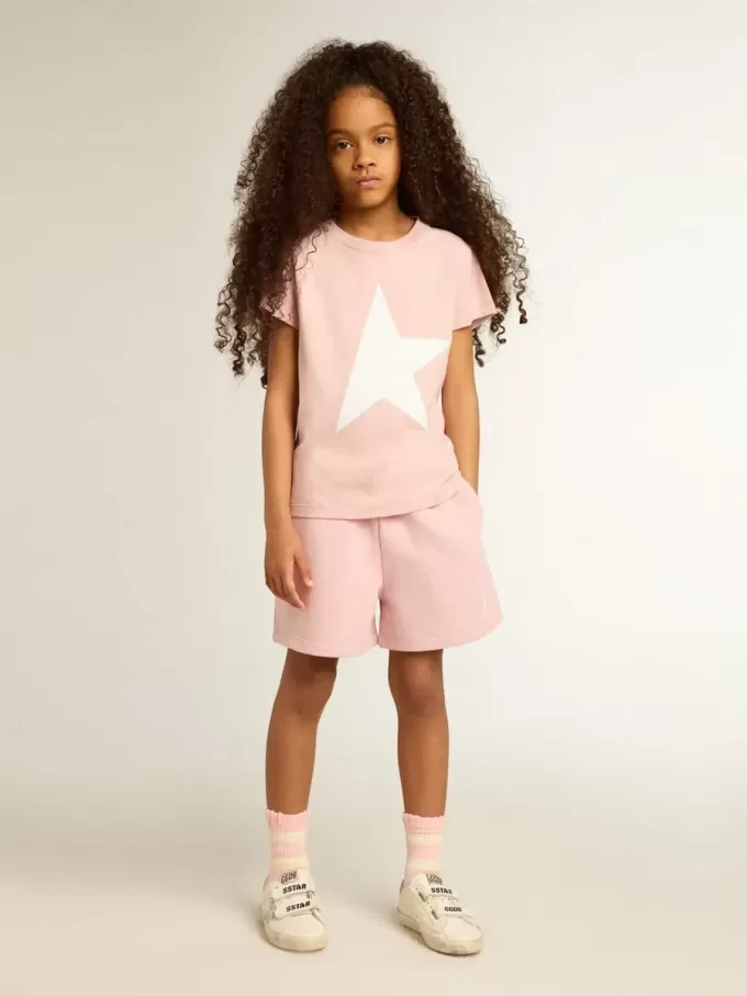 Rosa T-Shirt für Mädchen mit weißem Logo und Maxi-Stern Rosa T-Shirt für Mädchen mit weißem Logo und Maxi-Stern
