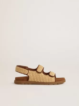 Sandalen „Young Noa” aus beigem Raffiabast und braunem Leder
