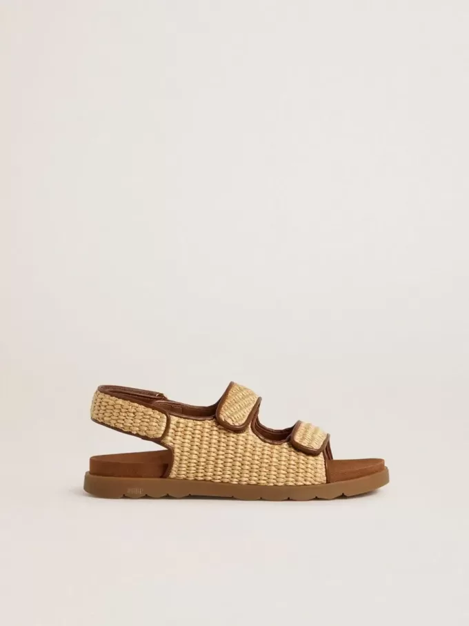 Sandalen „Young Noa” aus beigem Raffiabast und braunem Leder