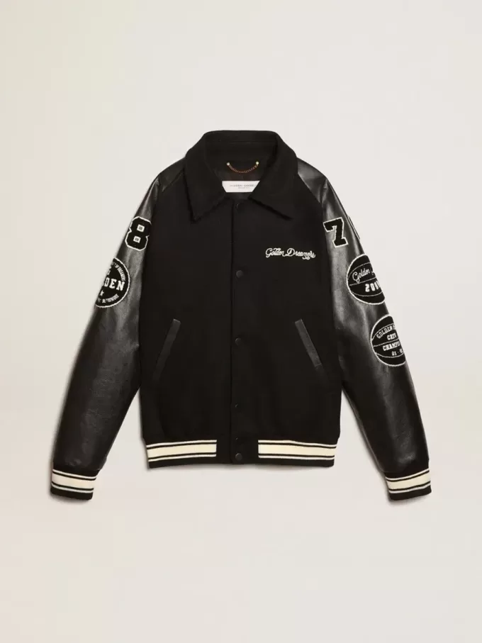 Schwarze Bomberjacke aus Wolle mit Aufnäher