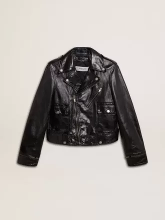 Schwarze Damen-Bikerjacke aus Leder mit Glanzeffekt Schwarze Damen-Bikerjacke aus Leder mit Glanzeffekt