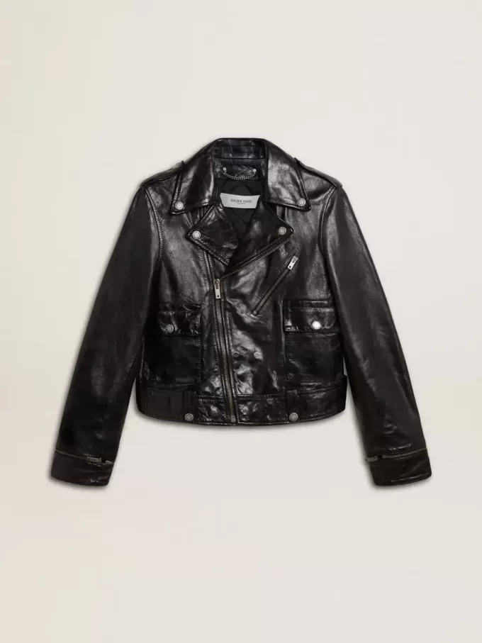 Schwarze Damen-Bikerjacke aus Leder mit Glanzeffekt