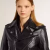 Schwarze Damen-Bikerjacke aus Leder mit Glanzeffekt