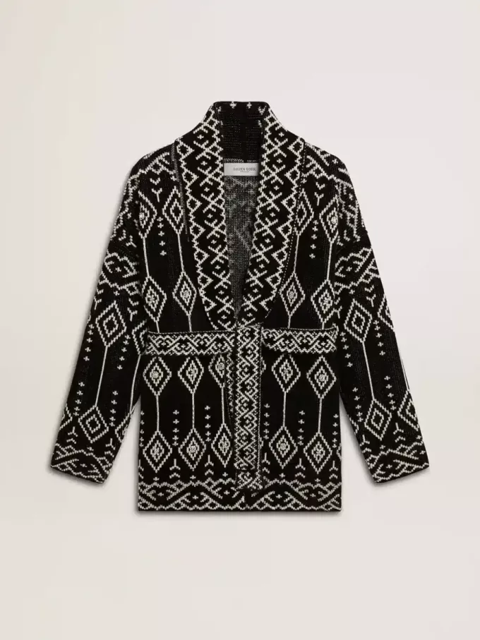 Schwarze Damenstrickjacke mit Gürtel und Kristallen Schwarze Damenstrickjacke mit Gürtel und Kristallen