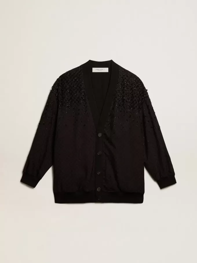 Schwarze Damenstrickjacke mit schattierter Stickerei