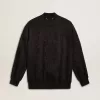 Schwarze Damenstrickjacke mit Ton-in-Ton-Perlenstickerei im Toile-de-Jouy-Muster
