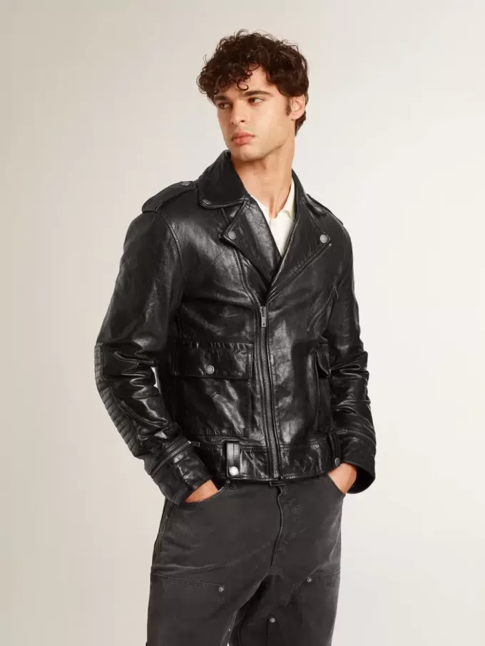 Schwarze Herren-Bikerjacke aus Leder mit Glanzeffekt
