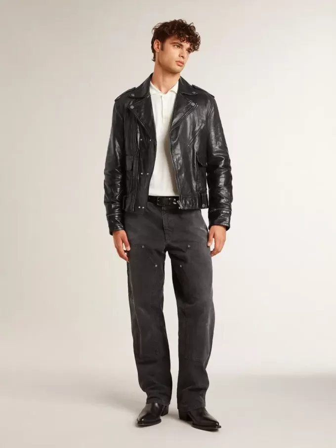 Schwarze Herren-Bikerjacke aus Leder mit Glanzeffekt