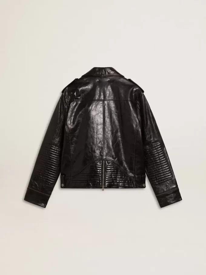 Schwarze Herren-Bikerjacke aus Leder mit Glanzeffekt