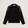 Schwarze Herrenjacke aus Merinowolle mit Lederaufnähern