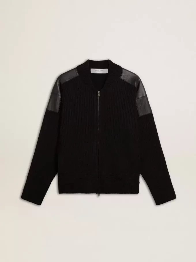 Schwarze Herrenjacke aus Merinowolle mit Lederaufnähern