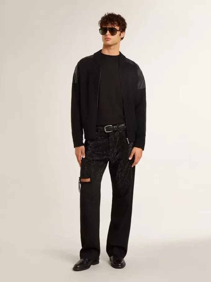 Schwarze Herrenjacke aus Merinowolle mit Lederaufnähern