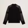 Schwarze Herrenjacke aus Merinowolle mit Lederaufnähern