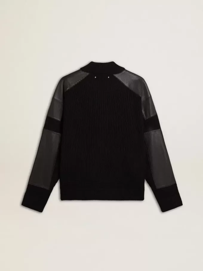 Schwarze Herrenjacke aus Merinowolle mit Lederaufnähern